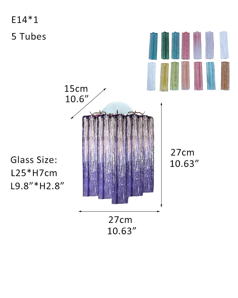 Modern Colored Murano Purple Glass Tube Tronchi Chandelier W-D27*H27CM D10.6"*H10.6"(5 tubes) Purple Glass + Silver Frame American chandelier