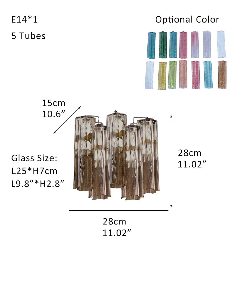 Luxury Tiered Smoked Glass Tube Murano Chandelier in Chrome Frame W-D28*H28CM D11"*H11"(5 tubes) Smoked Glass + Silver Frame American chandelier