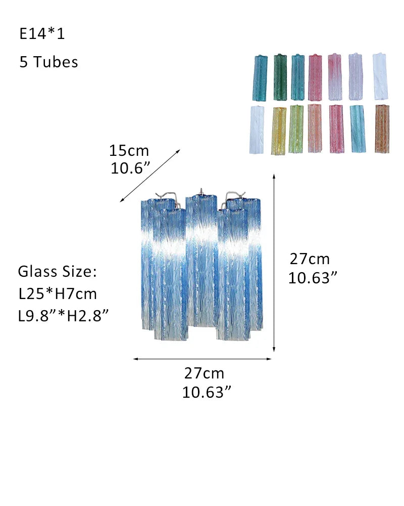 Elegant Murano Hand-blown Blue Glass Tube Multi-Tier Chandelier in Silver Frame W-D28*H28CM D11"*H11"(5 tubes) Blue Glass + Silver Frame American chandelier