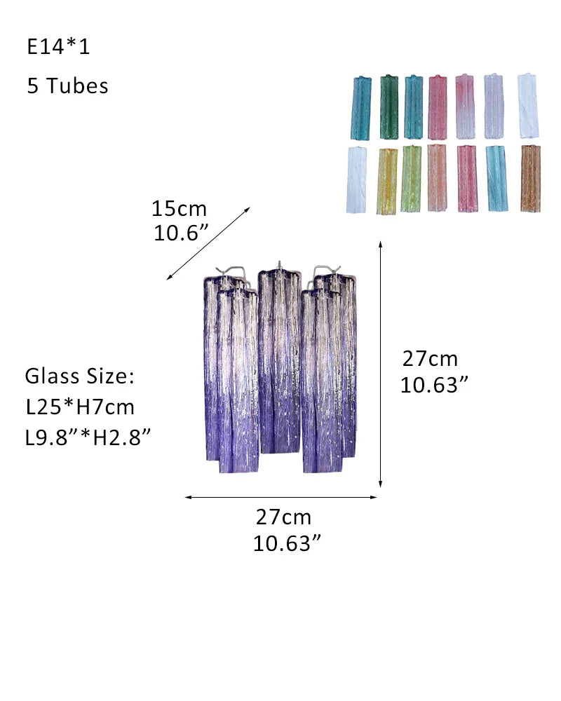 Modern Colored Murano Purple Glass Tube Tronchi Chandelier W-D28*H28CM D11"*H11"(5 tubes) Purple Glass + Silver Frame American chandelier