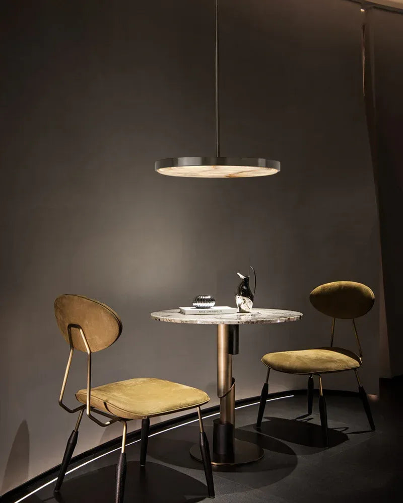 Knokke Series Geometric Suspension Lamp | Modular Dome Hand-honed natural alabaster disc, Satin brass finish for Dining tables, kitchen islands, and bedrooms Modern Pendant lamp