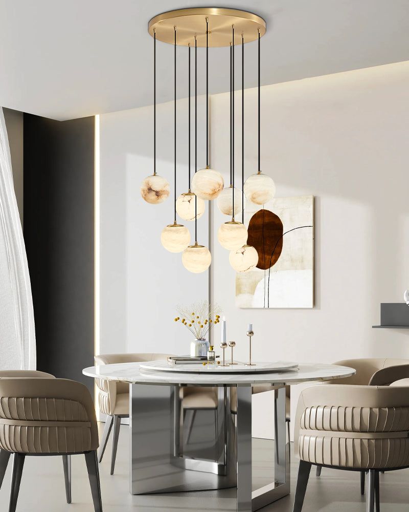 22-light marble pendant lamp cluster over modern round dining table