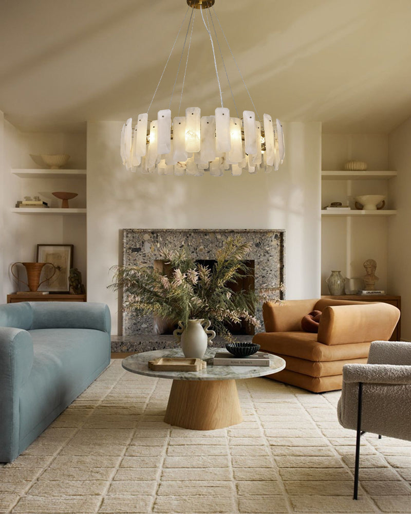 Modern Round Alabaster Living Room Chandelier in Brass/Black Frame Wide 20" 32" 48" 60"