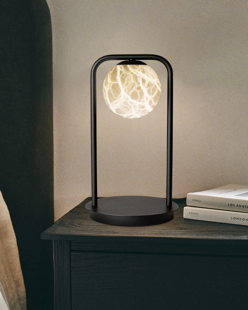 Modern Bedside Indoor Lighting Single Alabaster Globe LED Desk Table Lamp Black Iron Textured
