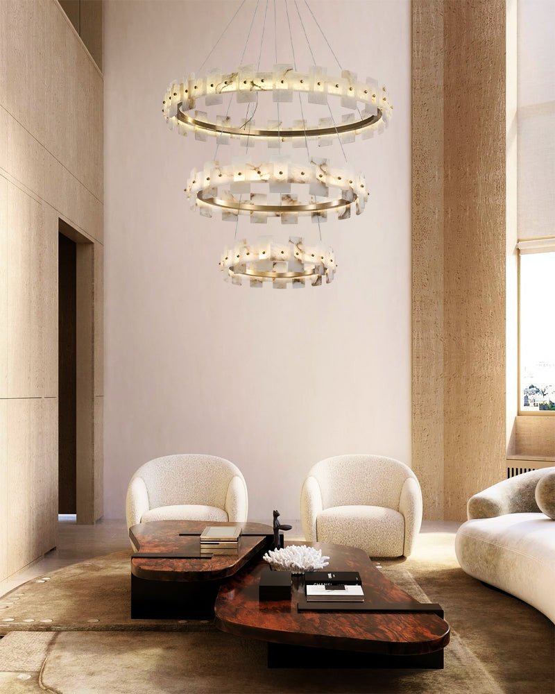 Marble Circle Hanging Lamp Minimalism White and Brass Alabaster Halo Chandelier Dining Table