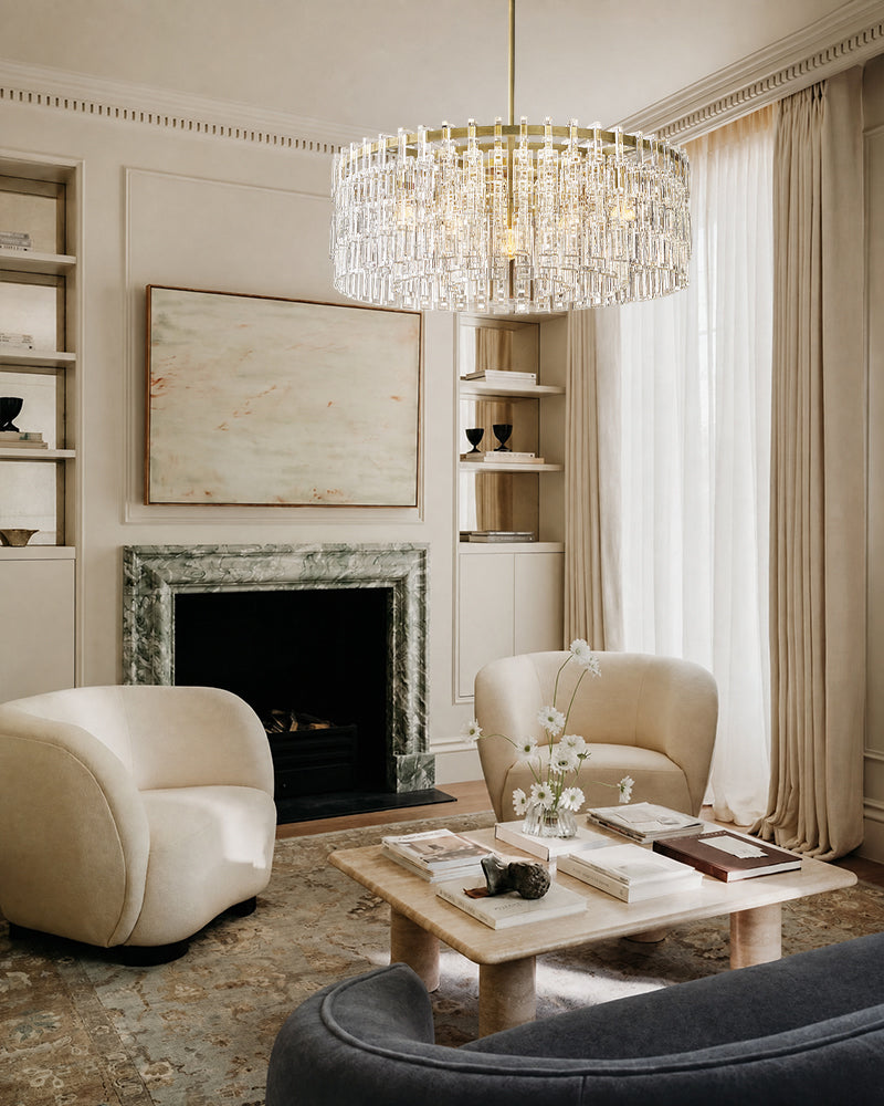 K9 Crystal Multi Tiered Concentric Glass Prism Linear Chandelier - Precision-Cut Crystal, Lux Gold Trim - Kitchen Islands & Dining Rooms