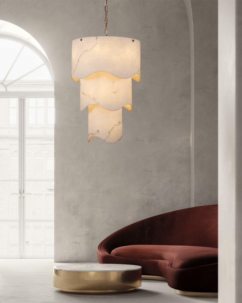 White Alabaster and Antique Brass Finish Layered Pendant Light Wide 18"