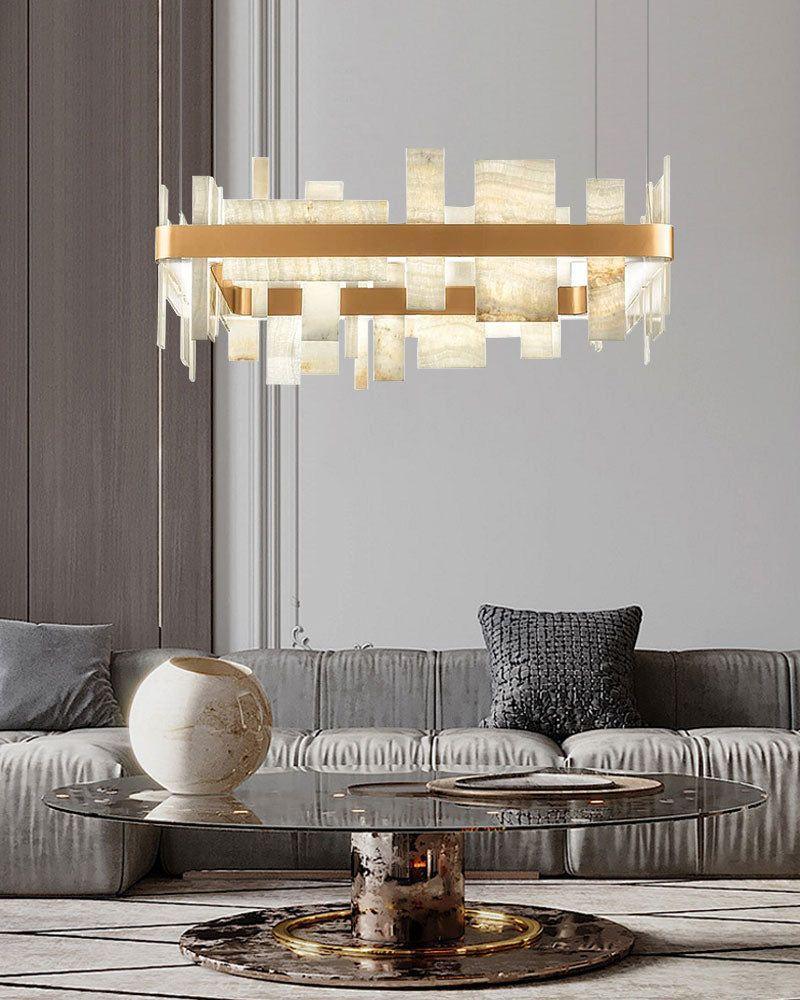 Luxury Marble Slice & Metal Golden Frame Oval Chandeliers | Handcrafted marble American chandelier
