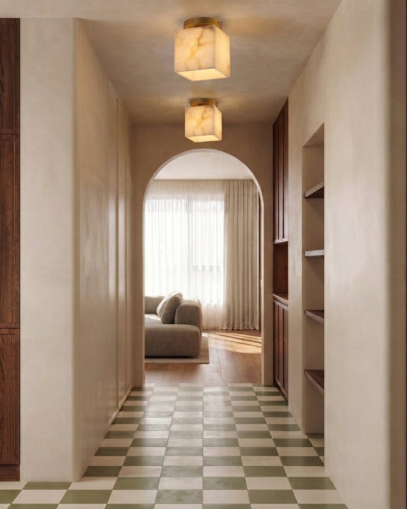 Alabaster Cube Ceiling Light - Natural Spanish Alabaster, Flush Mount, Heritage Brass Trim - Bedrooms, Hallways, Bathrooms & Living Rooms