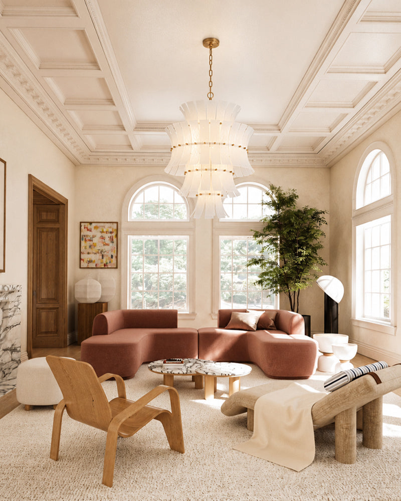 Ghiaccio Glass Ethereal White Multi Tiered Waterfall Chandelier - Heritage Brass Trim - Living Room & Dining Room