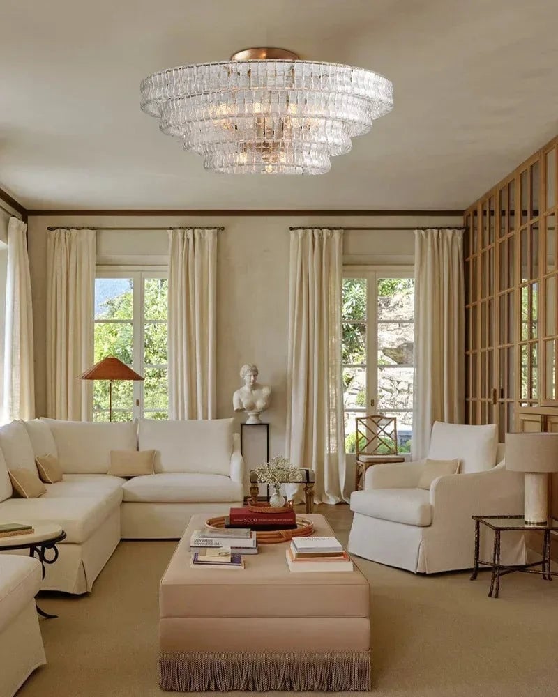 Giverny Series Ethereal Ceiling Light | Tiered Curved Glass Curved Textured Glass and Plated Brass, Plated Brass and Black finish for Living Rooms, Bedrooms, and Entryways Flush Mounted Ceiling Lamp