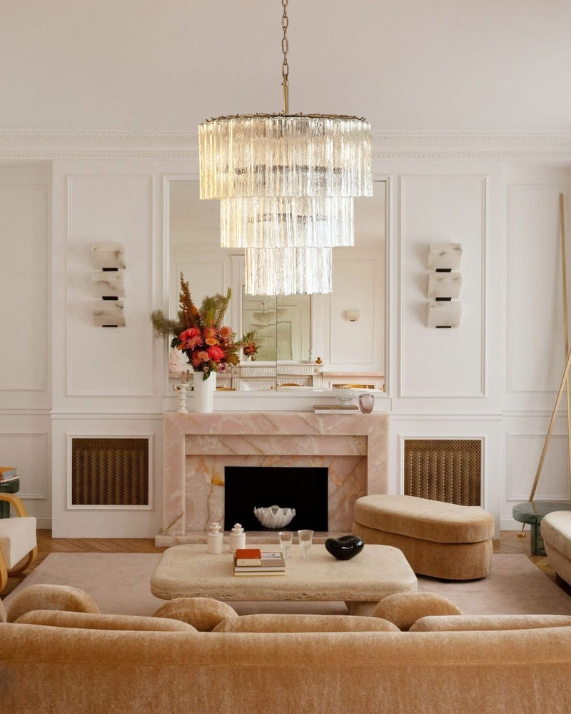 Classic Murano Transparent Glass Tube Chandelier Brushed Gold & Chrome Frame