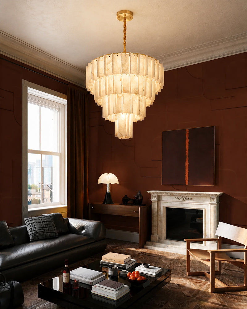 Linear Rectaggered Alabaster Panel Chandelier - Multi-layer Stone