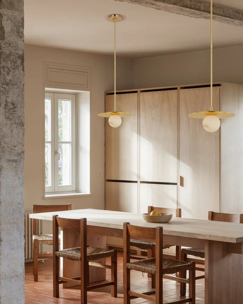 Minimalist Disc Pendant Light Hammered Finish White Hand Blown Alabaster Globe For Sale