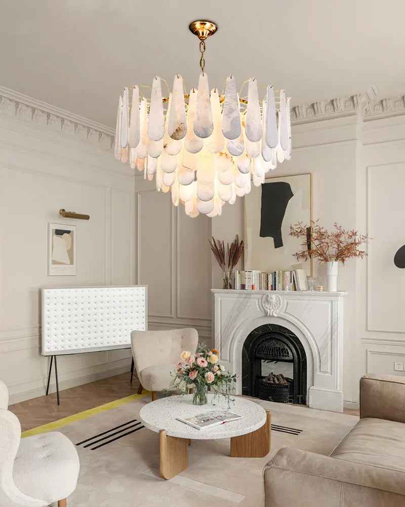 LightsStory Series Prismatic Chandelier | Minimalist Tiered Raindrop Thick marble-derived Alabaster, Natural Stone finish for Foyers, Entrances, and Dining Rooms American Vintage chandelier lamp