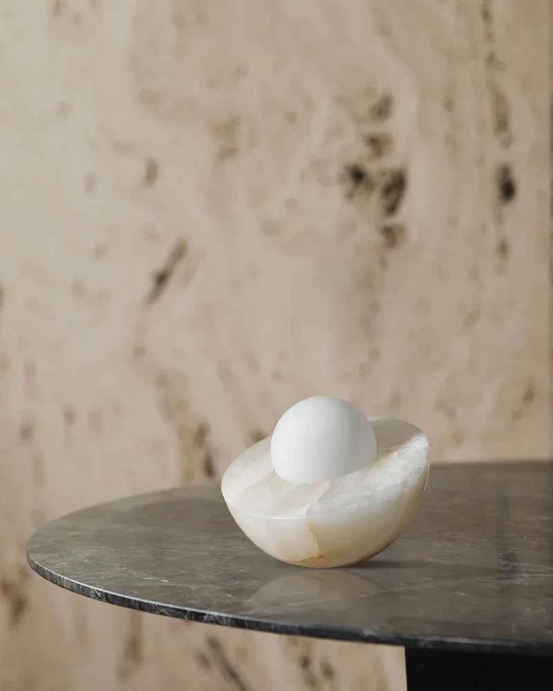 LightsStory Series Ethereal Table Lamp | Round Bowl Handcrafted Natural Solid Stone and Frosted Glass, Natural Stone Veining with Frosted Glass for Bedrooms, Nightstands, and Cozy Corners Modern Table lamp