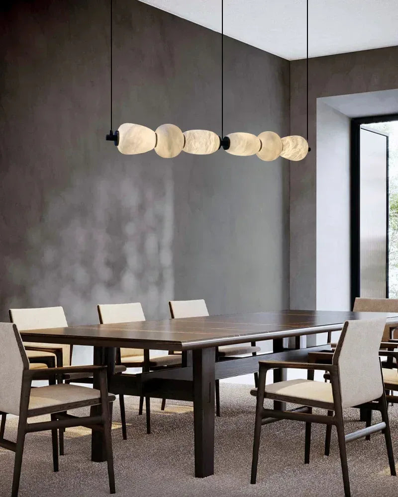 6-light Antique Brass String Hanging Light with Alabaster Stone Shade Modern Pendant lamp