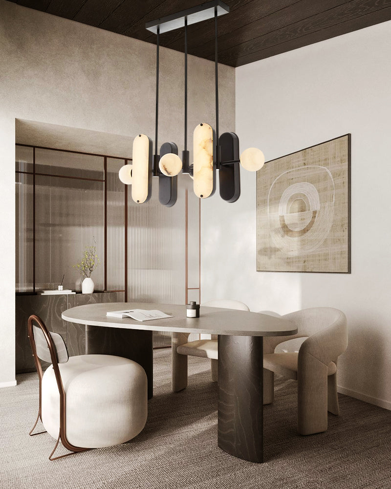 8-Light LED Linear Pendant Lighting in White Alabaster with Bronze & Brass Hardwared