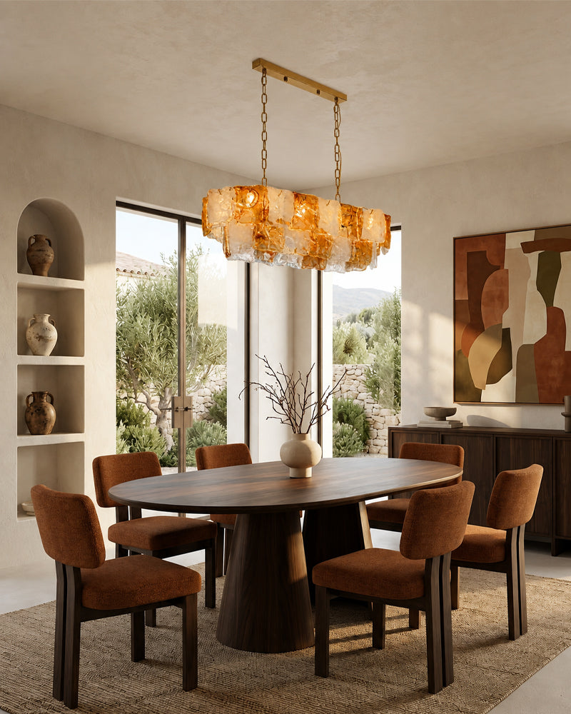 Chiara Murano Glass Contemporary White Amber Panel Linear Chandelier - Lux Gold Trim - Kitchen Islands & Dining Rooms