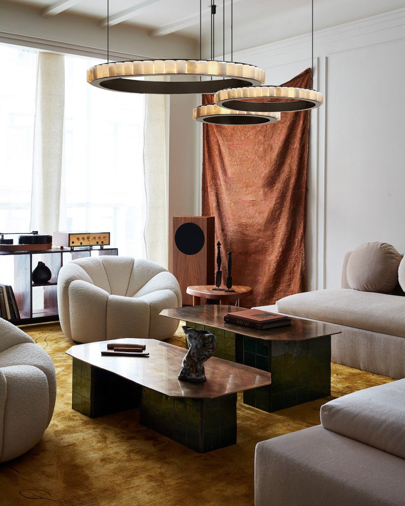 Natural Alabaster Marble Double Circular Chandelier | Black Steel Ring with long cord