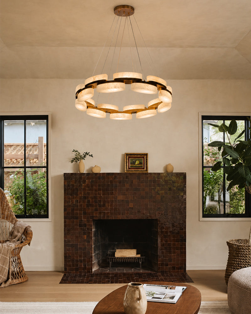 Alabaster Cluster Ring Disc Circular Pendant Light - Natural Spanish Alabaster, Lux Gold Trim - Kitchens, Dining & Living Rooms