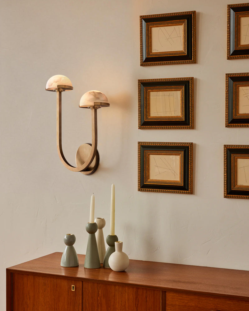 Comporta Series Geometric Wall Sconce | Sculptural Two-Tier Hand-Carved Natural Alabaster, Brass and Black finish for Living Rooms, Hallways, and Bedside Suites Flush Mounted Wall Sconce Lamp