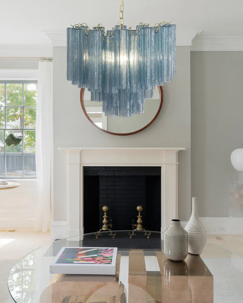 Elegant Murano Hand-blown Blue Glass Tube Multi-Tier Chandelier in Silver Frame American chandelier