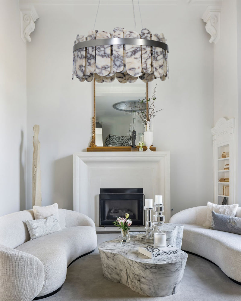 Modern LED Marble Round Chandelier 24" 32" Brushed Gold/Silver/Black Circle Frame