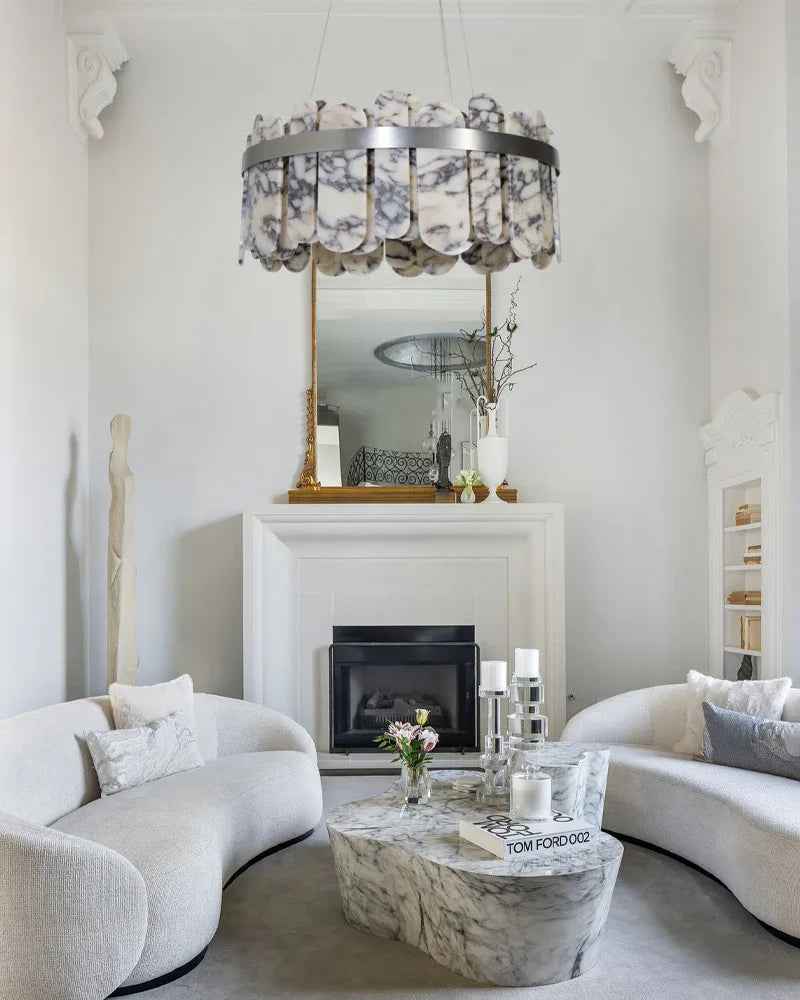 LightsStory Series Geometric Chandelier | Circular Frame Natural Spanish alabaster tiles with stainless steel frame, Brushed Gold, Silver, and Black for Living, dining, and bedroom spaces Luxury Modern Chandelier