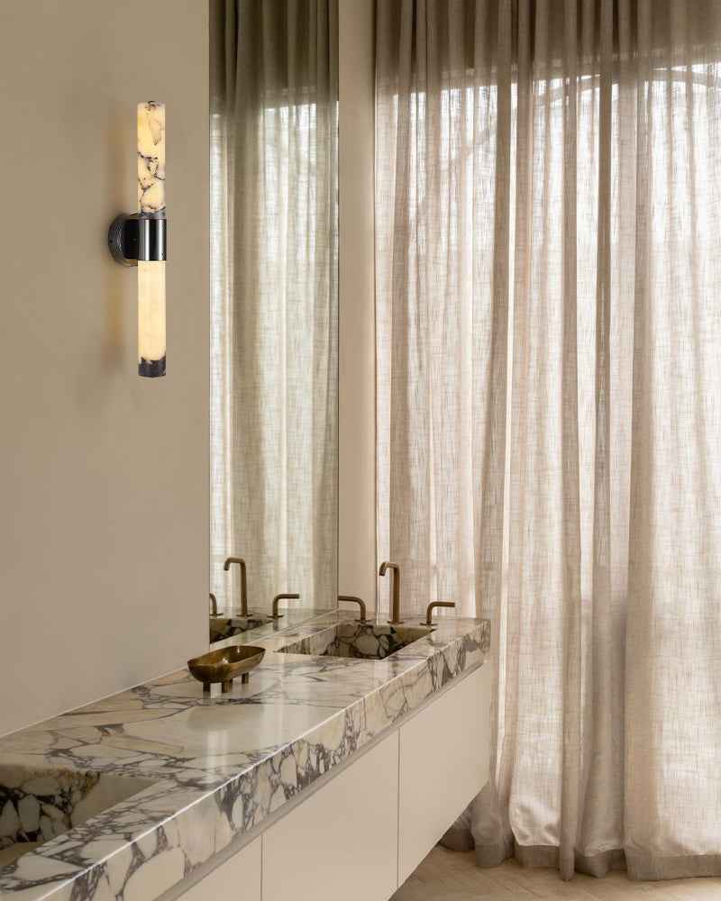 Adrian Series Geometric Wall Sconce | Cylindrical Nature Texture Natural black marble with unique veining and brass metal, Frosted Black and Brass finish for Bedrooms, living rooms, and hallways Modern Art Design Wall Lamp