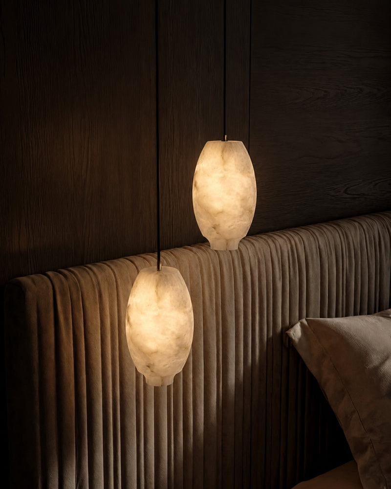 Alabaster Sculptural Geometric Tear Drop Pendant Light - Natural Spanish Alabaster, Lux Gold Trim - Kitchens, Dining & Living Rooms