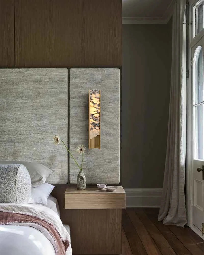 LightsStory Series Alabaster Square Wall Sconces, Natural Stone Brass & Black Metal LED Wall Lights Flush Mounted Wall Sconce Lamp