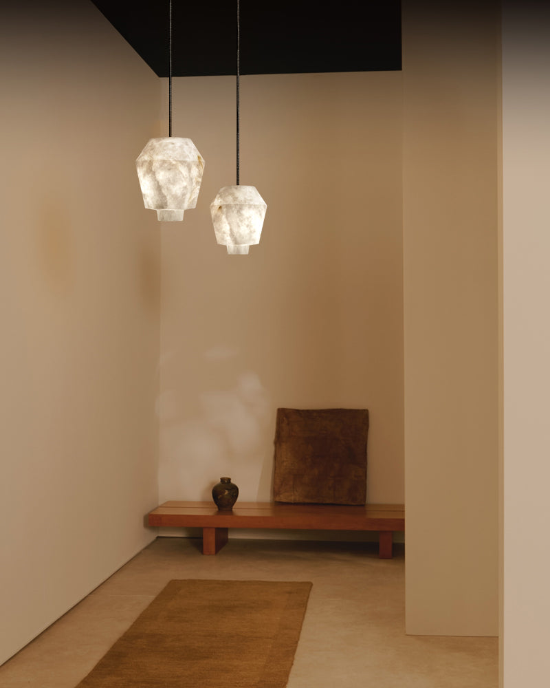 Natural Alabaster Sculptural Geometric Orb Cluster Pendant Light - Natural Spanish Alabaster, Lux Gold Trim - Kitchens, Dining & Living Rooms
