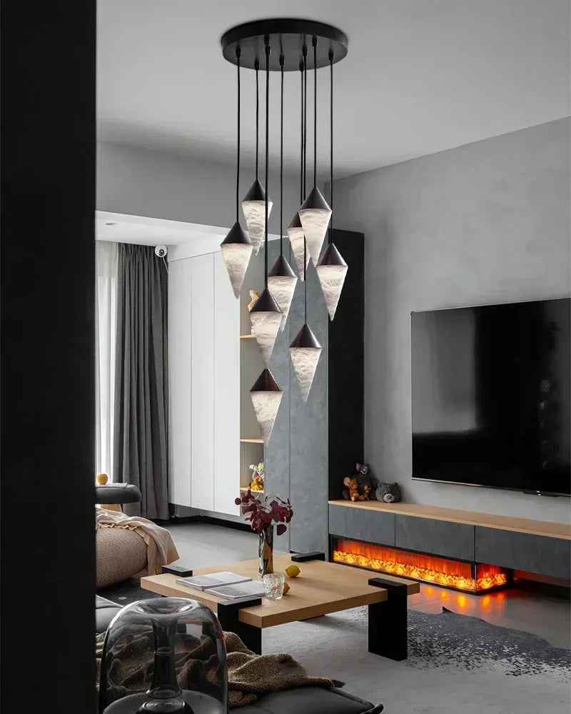 LightsStory Series Ethereal Pendant Light | Conical Cluster Natural Alabaster Shades with Brass and Black Metal Accents, Polished Brass and Sleek Black Metal for Stairwells, Dining Rooms, and Entryways Modern Pendant lamp