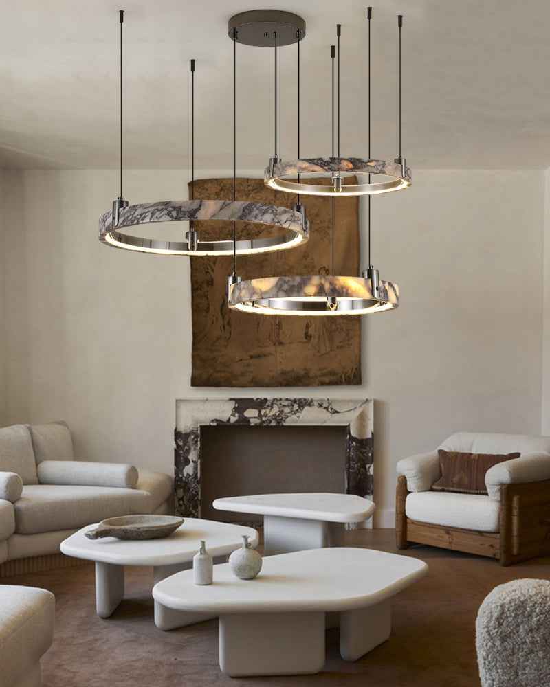 LightsStory Series Geometric Chandelier | Single Ring Premium natural marble, Aged Brass and Black frame for Bedrooms, living areas, and kitchen islands American chandelier