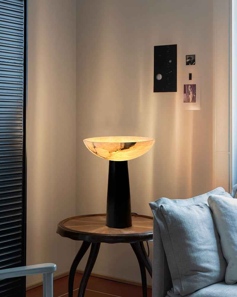 LightsStory Series Geometric Table Lamp | Conical Base Hand-polished Spanish alabaster bowl, Matte black finish for Bedrooms, living rooms, and entryways Modern Table lamp