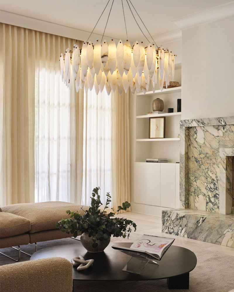 LightsStory Series Geometric Chandelier | Multi-Tier Round Hand-selected natural marble alabaster, Brass and Black metal finish for Modern dining rooms and entryways Luxury Modern Chandelier