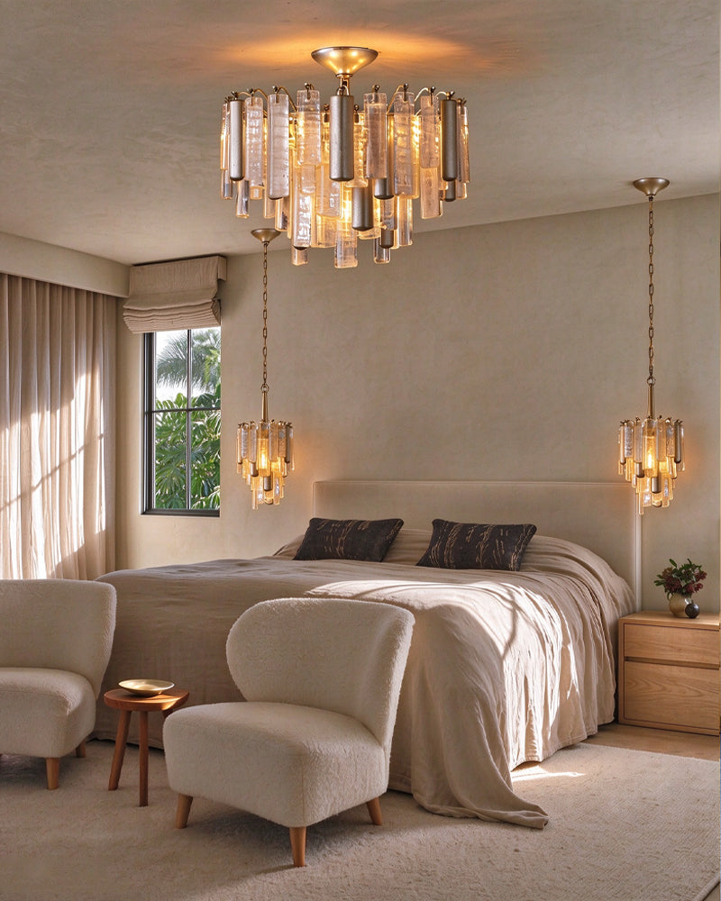 Brass multi-tier crystal flush mount ceiling chandelier with clear and champagne-toned prisms