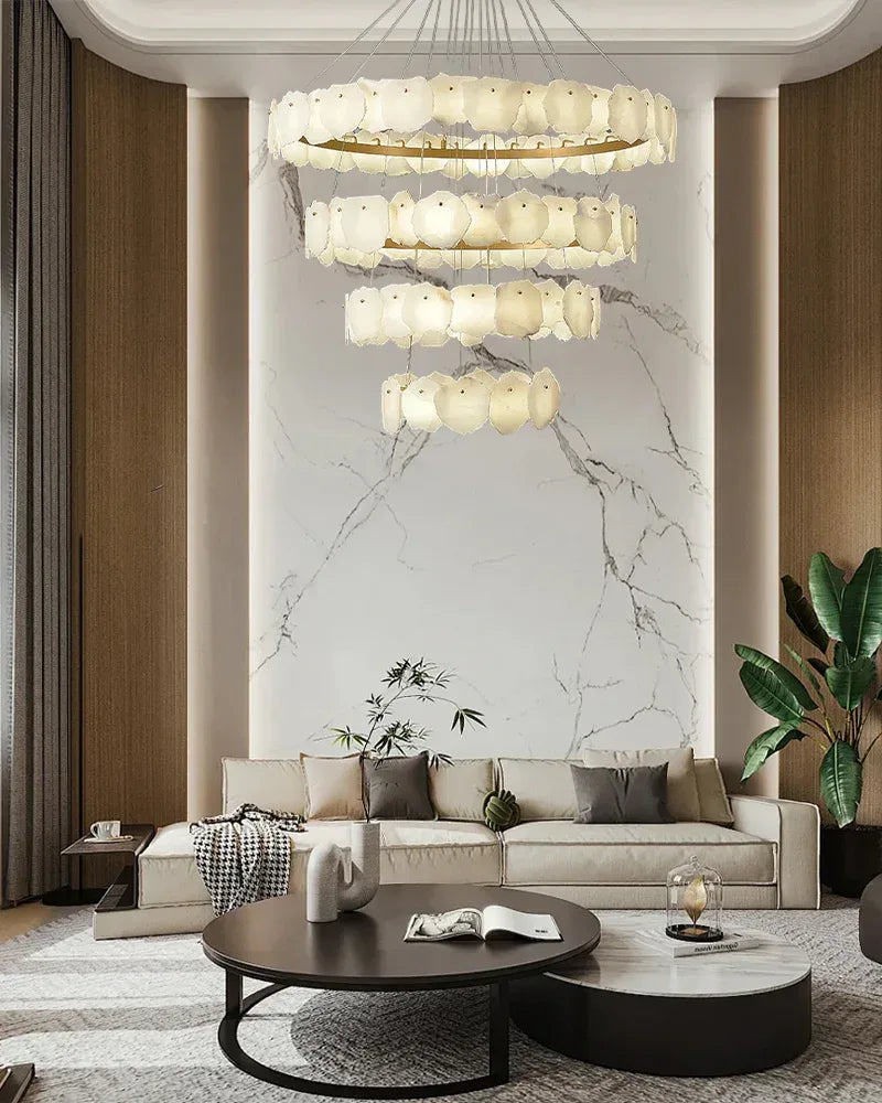 6-tiered Large stairwell chandeliers | irregular alabaster plate in disk ceiling with long cord American Vintage chandelier lamp