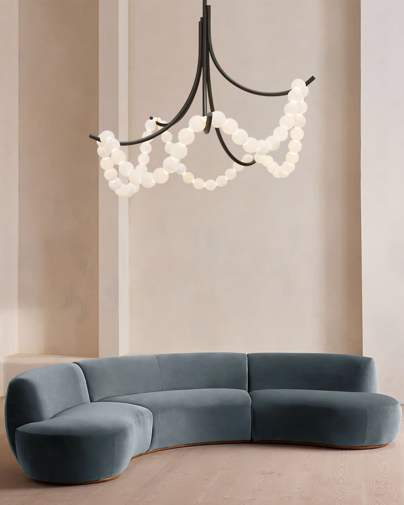 Cluster String Alabaster Beads Semi Flush Chandelier in Brass & Black Metal Rod