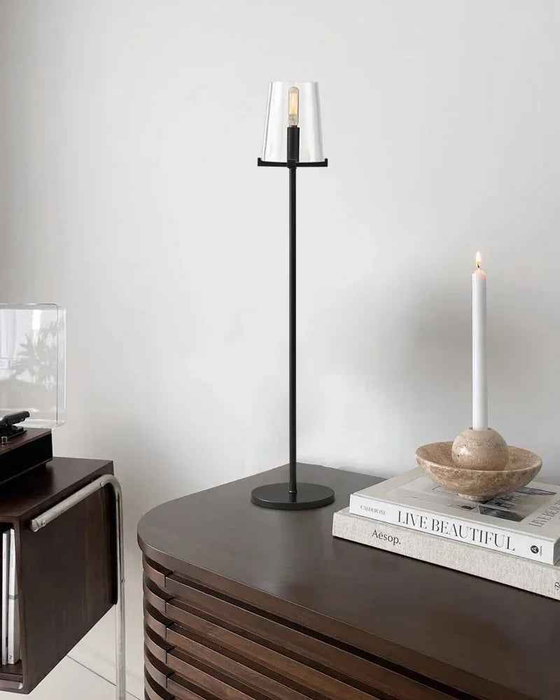 Lacquered Brass/Black Pauillac Round Clear Glass High Standing Floor Lamp 59" High American chandelier