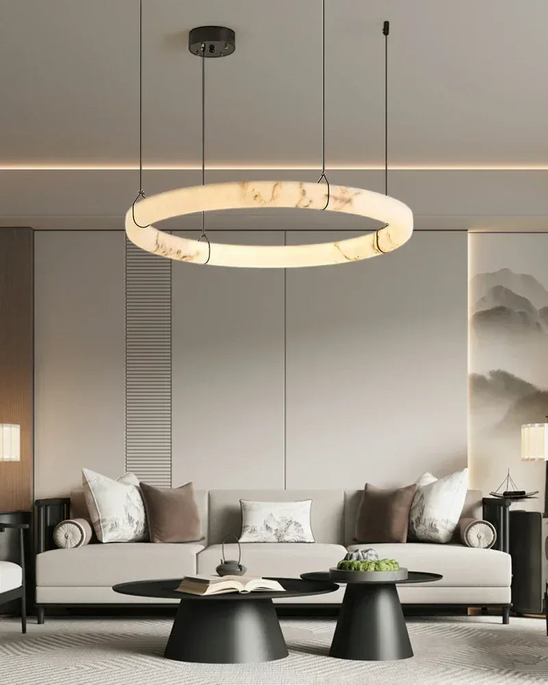 40W Modern Ring Alabaster Pendant Light hanging on black metal pole decor for living room Vintage Simple Pendant Lamp