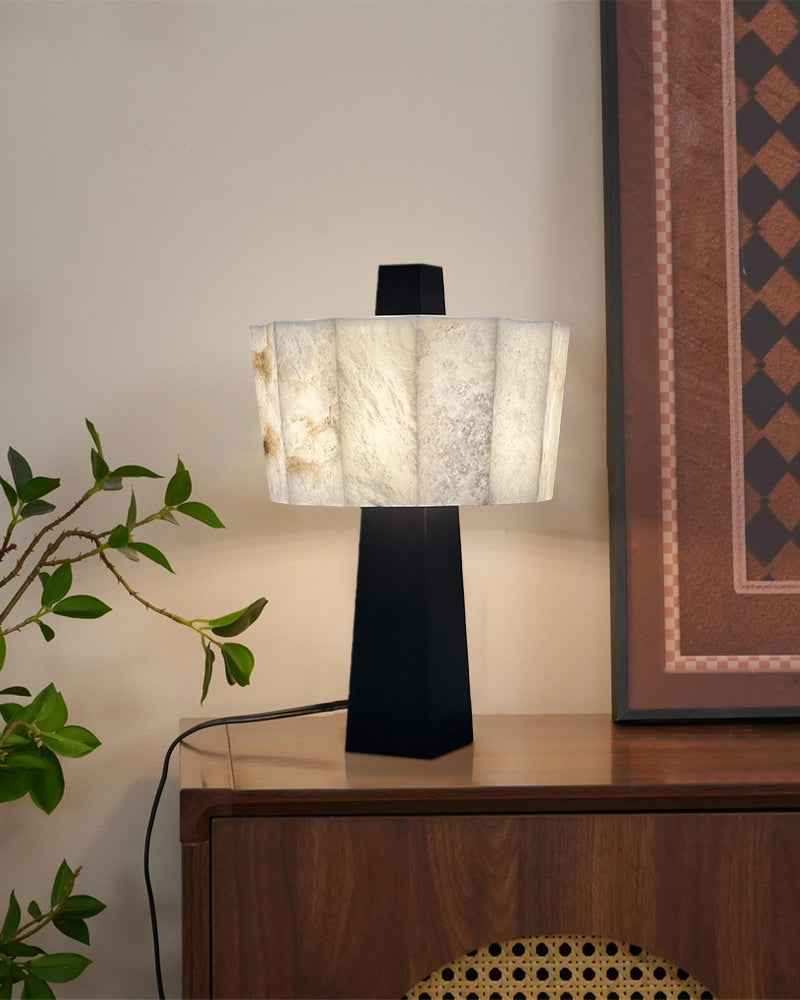 LightsStory Series Geometric Table Lamp | Sculptural Minimalism Hand-carved Spanish Nature Alabaster, Black Stainless Steel finish for Bedside Tables and Living Room Accents Modern Table lamp