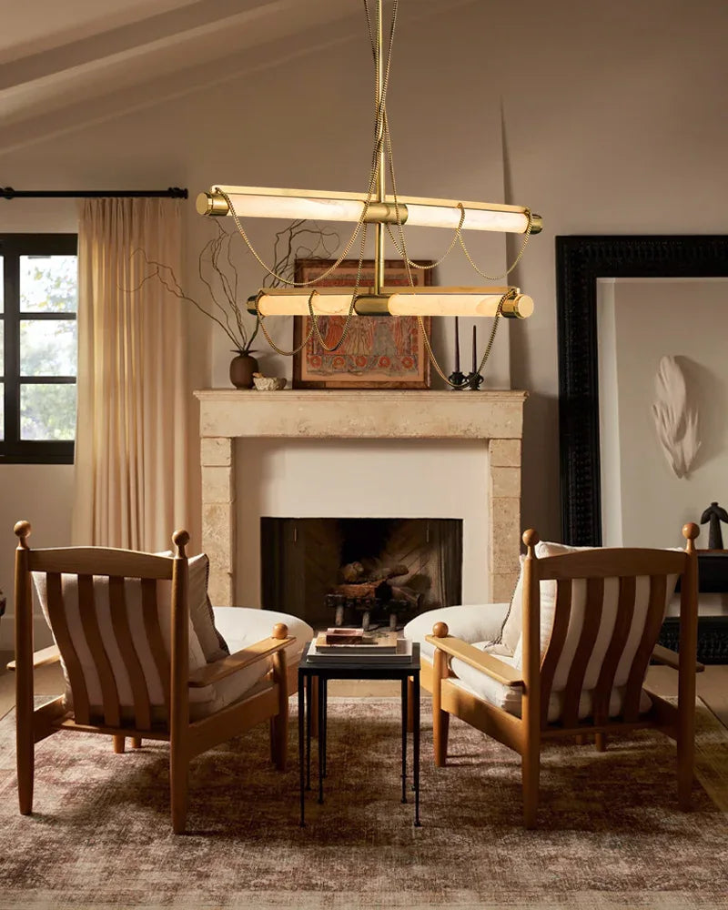 LED Tubular Alabaster Shades Ceiling Pendant Lamp 49" with long chains | Brass Vintage Simple Pendant Lamp