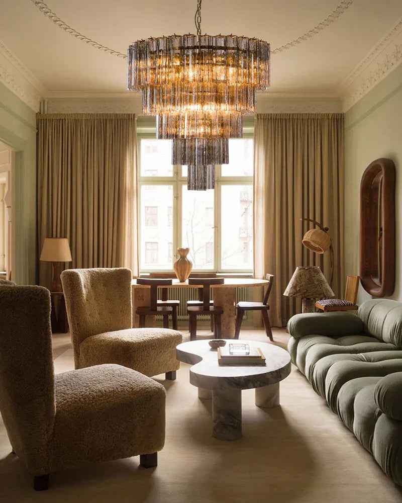 Cortina Series Cascading Chandelier | Multi-tiered Fluted Glass Handcrafted fluted smoked Murano-inspired glass, Satin brass structure for Grand entrances and dining rooms American chandelier