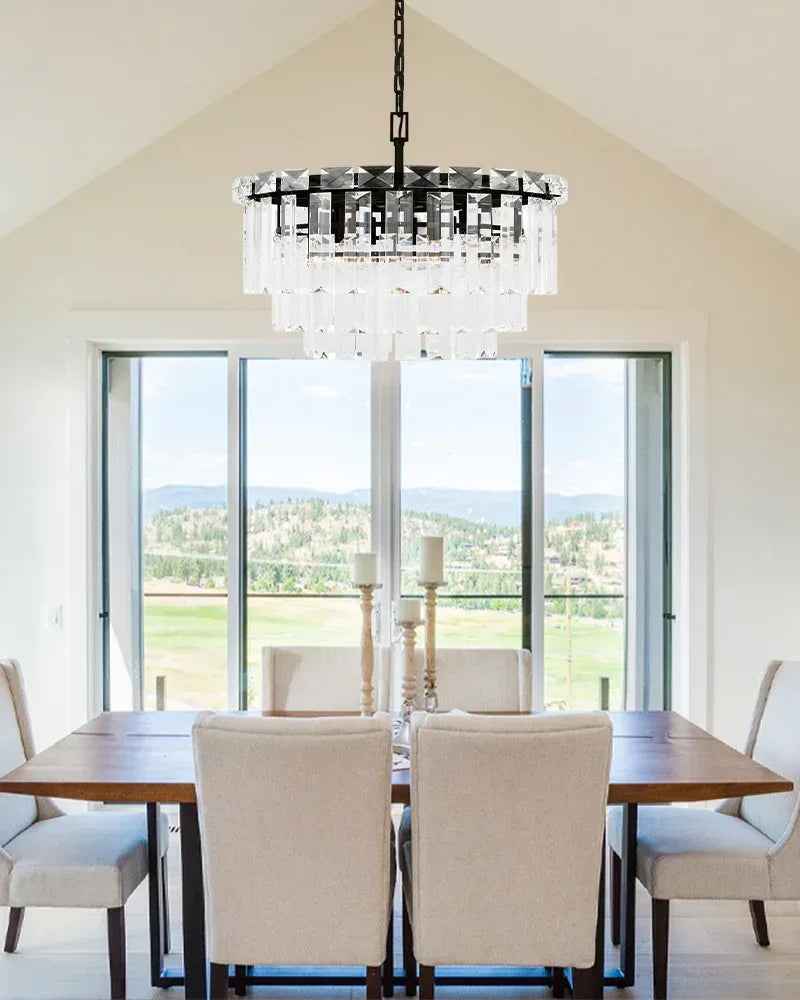 Gstaad Series Grand Chandelier | Tiered Cut-Clear Glass Layered tiers of cut-clear glass crystals with a solid stainless steel frame, Gold, Black, and Chrome Stainless finish for Entryways, dining rooms, and great rooms American chandelier