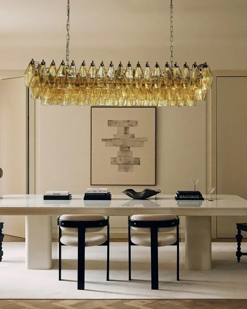 LightsStory Series Ethereal Chandelier | Rectangular Poliedri Hand-blown Murano textured glass, Plated-brass or bronze accents for Dining Rooms and Living Areas American chandelier