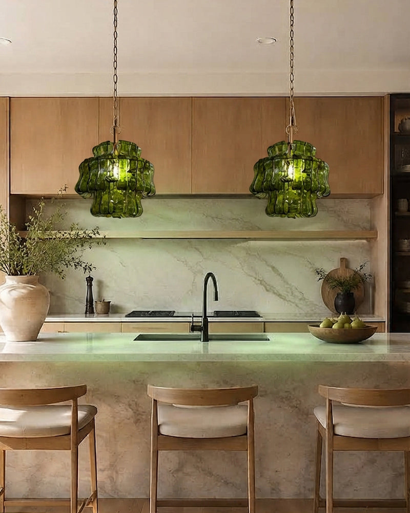 Brina Ghiaccio Murano Smoked Green Glass Lantern Drum Pendant Light - Textured Ice Glass, Lux Gold Trim - Kitchens, Dining Rooms & Living Rooms