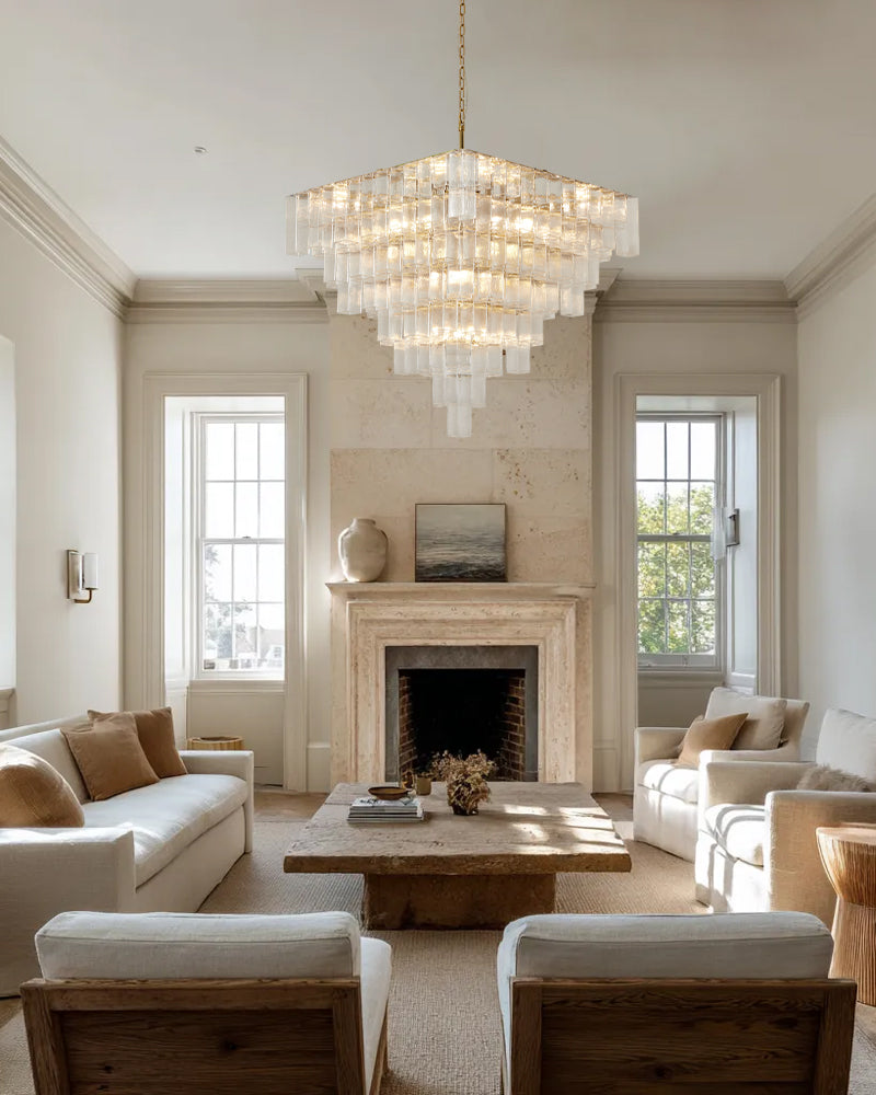 Parisian Cascading Waterfall Crystal Clear Glass Prism Chandelier - Textured Glass, Lux Gold Trim - Living Rooms, Bedrooms, Dining Rooms