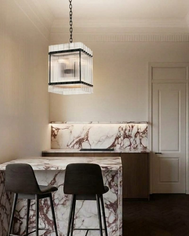 Solstice Aura Fluted Glass Lantern Cube Pendant Light - Lux Gold Trim - Living Rooms, Dining Rooms & Hallways